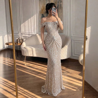 Luxury Cream Crystal Beaded Off The Shoulder Mermaid Dress LA72905D
