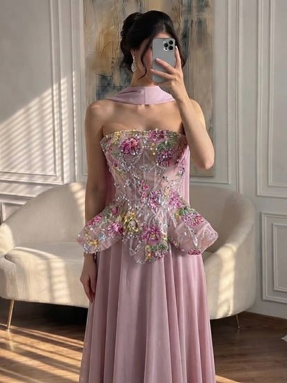 Luxury Pink Strapless Floral Beaded Peplum Evening Dress LA72915A