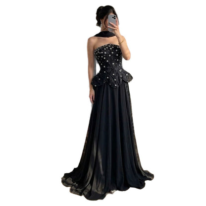 Luxury Black Strapless Beaded Peplum A-Line Evening Dress LA72915B