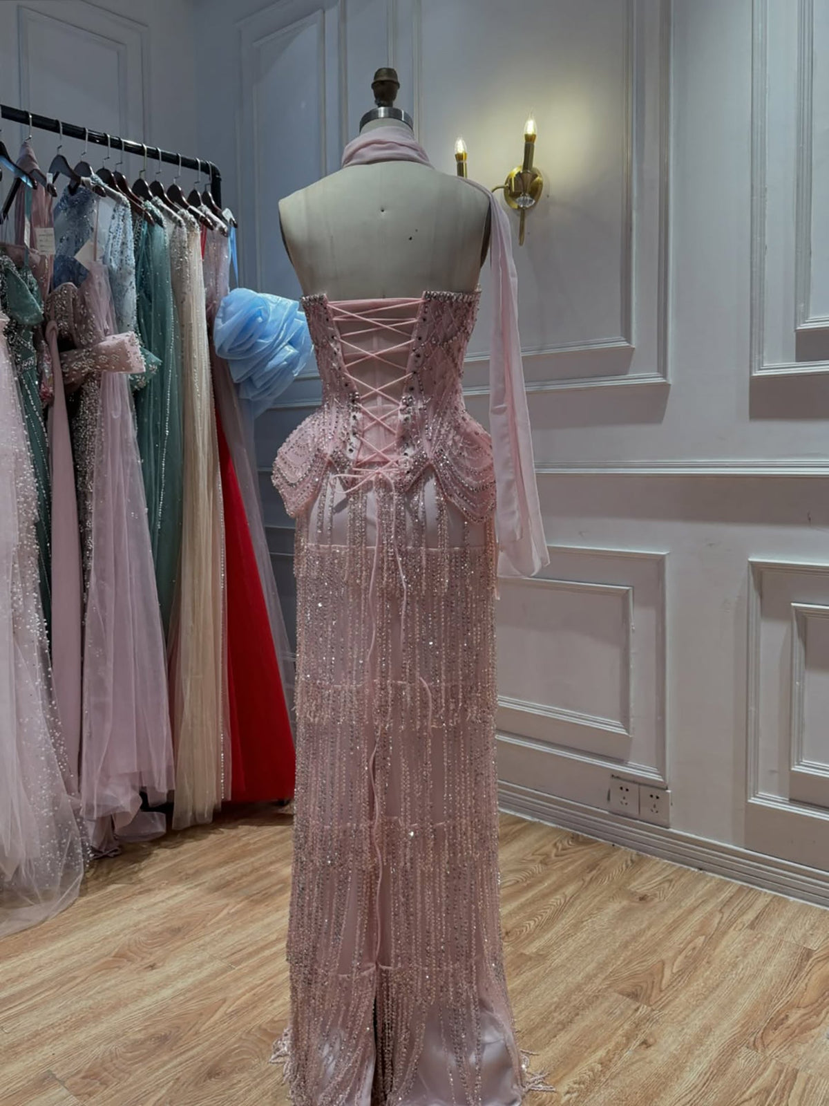 Pink Beaded Tassel Peplum Strapless Evening Dress LA72915C