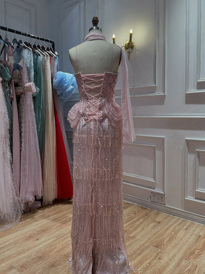 Pink Beaded Tassel Peplum Strapless Evening Dress LA72915C