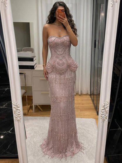 Pink Beaded Tassel Peplum Strapless Evening Dress LA72915C