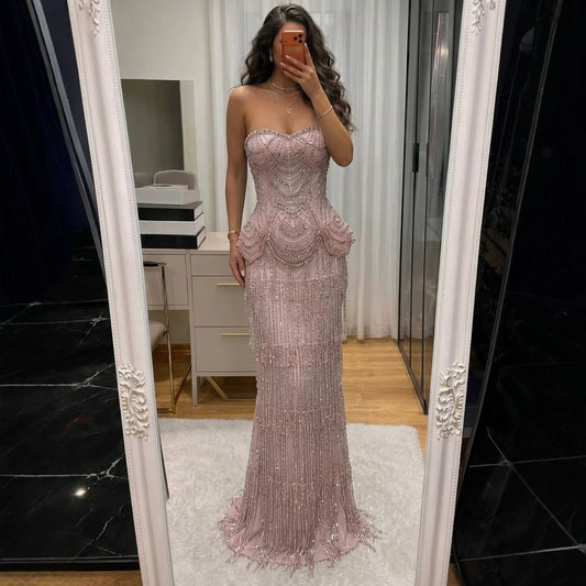 Pink Beaded Tassel Peplum Strapless Evening Dress LA72915C