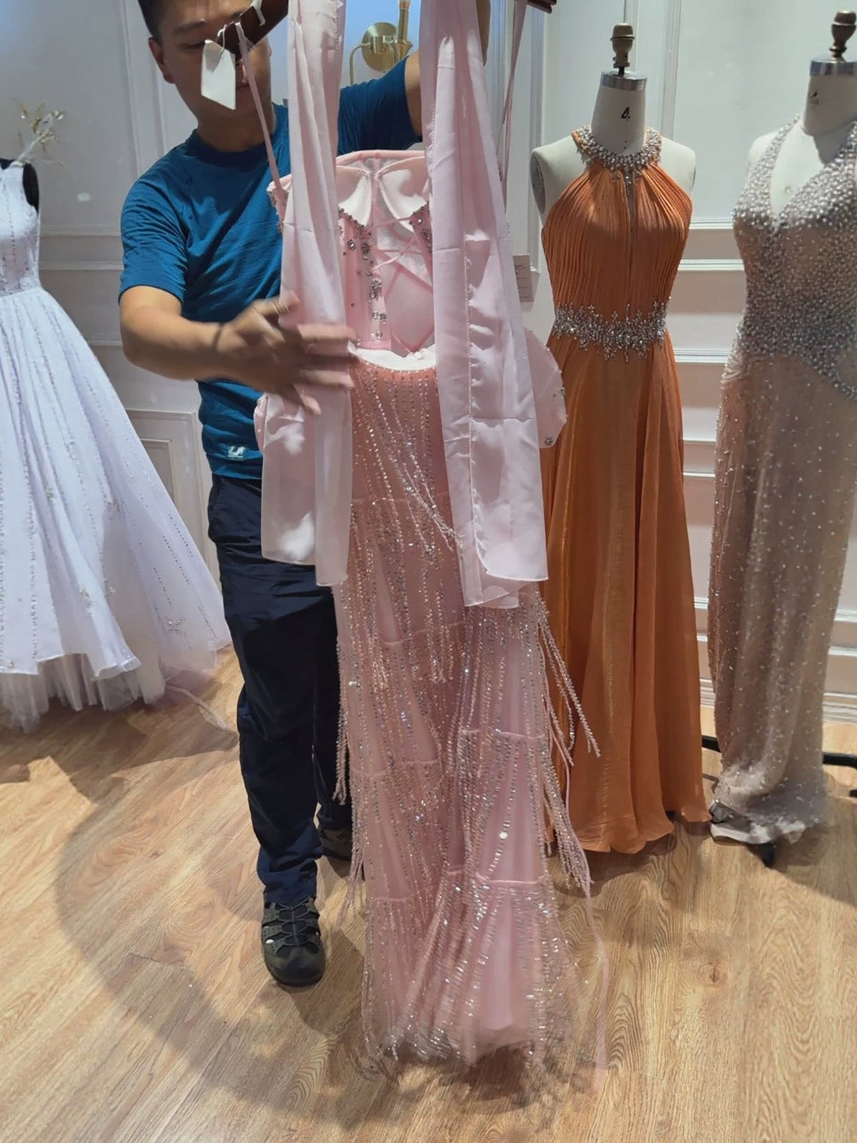 Elegant Pink Beaded Tassel Peplum Strapless Evening Dress LA72915D