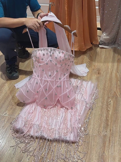 Elegant Pink Beaded Tassel Peplum Strapless Evening Dress LA72915D