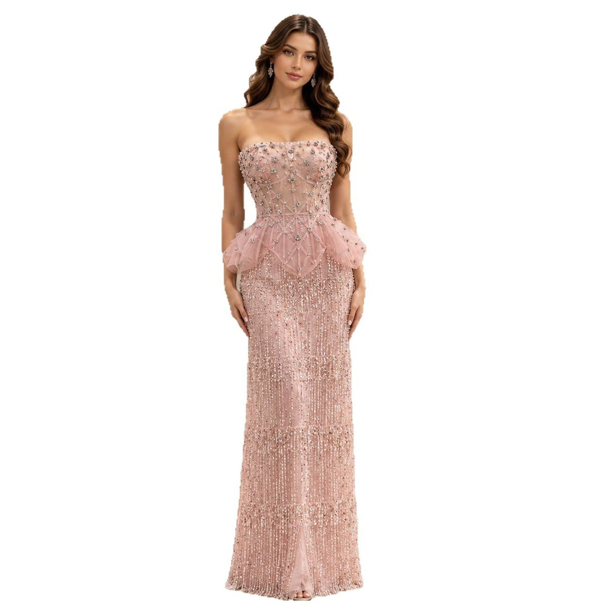 Elegant Pink Beaded Tassel Peplum Strapless Evening Dress LA72915D