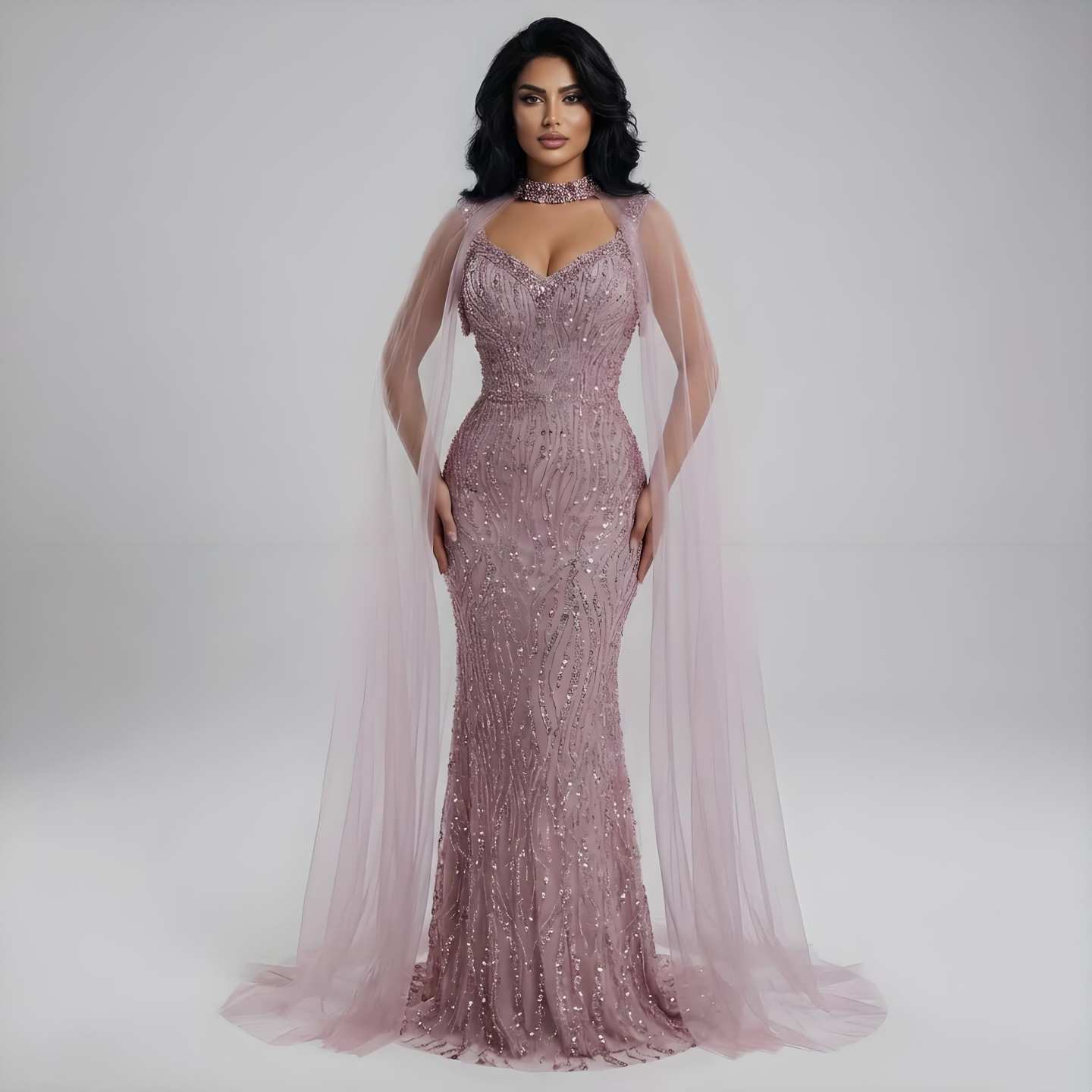 Pink Mermaid Luxury Beaded Evening Gown with Cape Sleeves LA72921