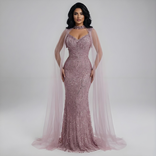 Pink Mermaid Luxury Beaded Evening Gown with Cape Sleeves LA72921