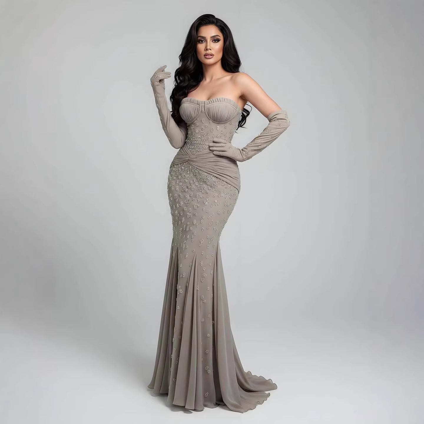 Luxury Turquoise   Beaded Mermaid Evening Dress with Gloves LA72933