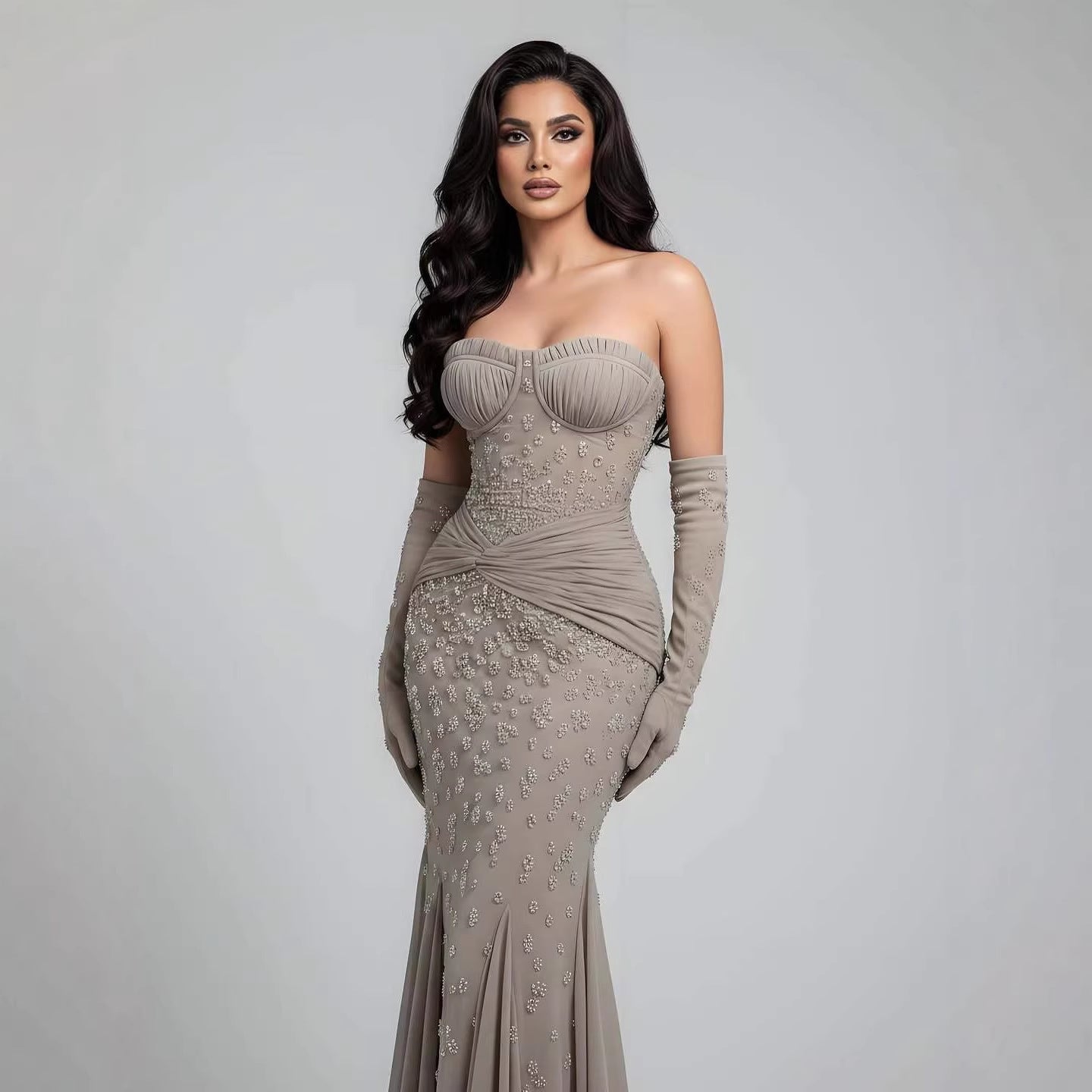 Luxury Turquoise   Beaded Mermaid Evening Dress with Gloves LA72933