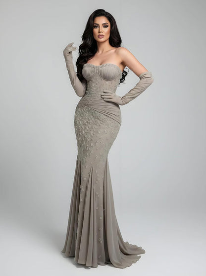 Luxury Turquoise   Beaded Mermaid Evening Dress with Gloves LA72933