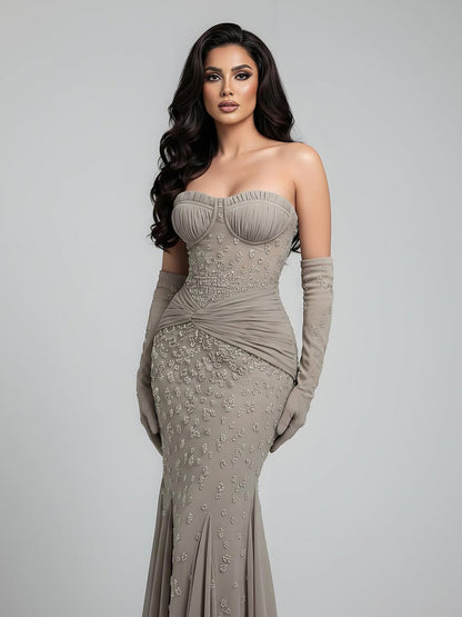 Luxury Turquoise   Beaded Mermaid Evening Dress with Gloves LA72933