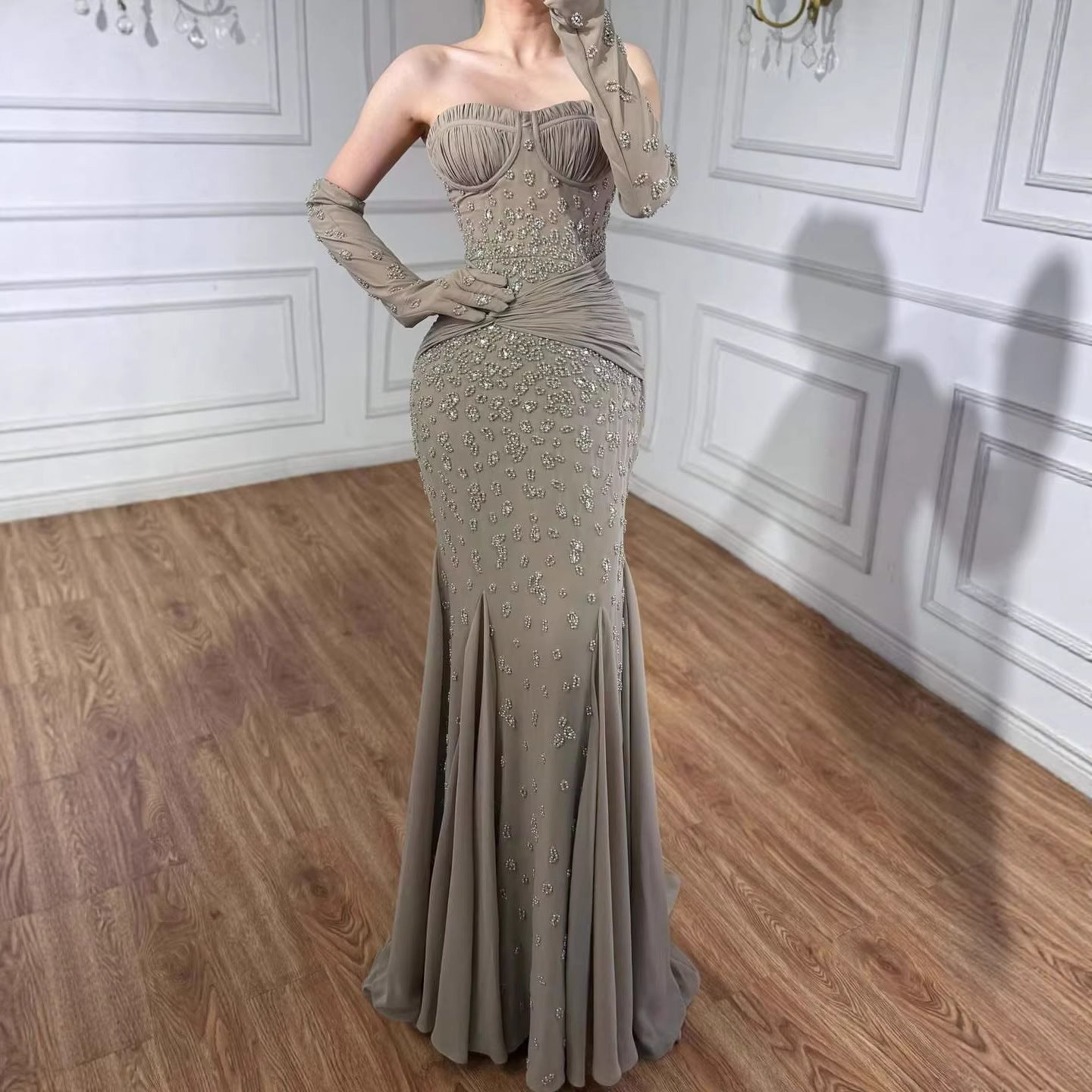 Luxury Turquoise   Beaded Mermaid Evening Dress with Gloves LA72933