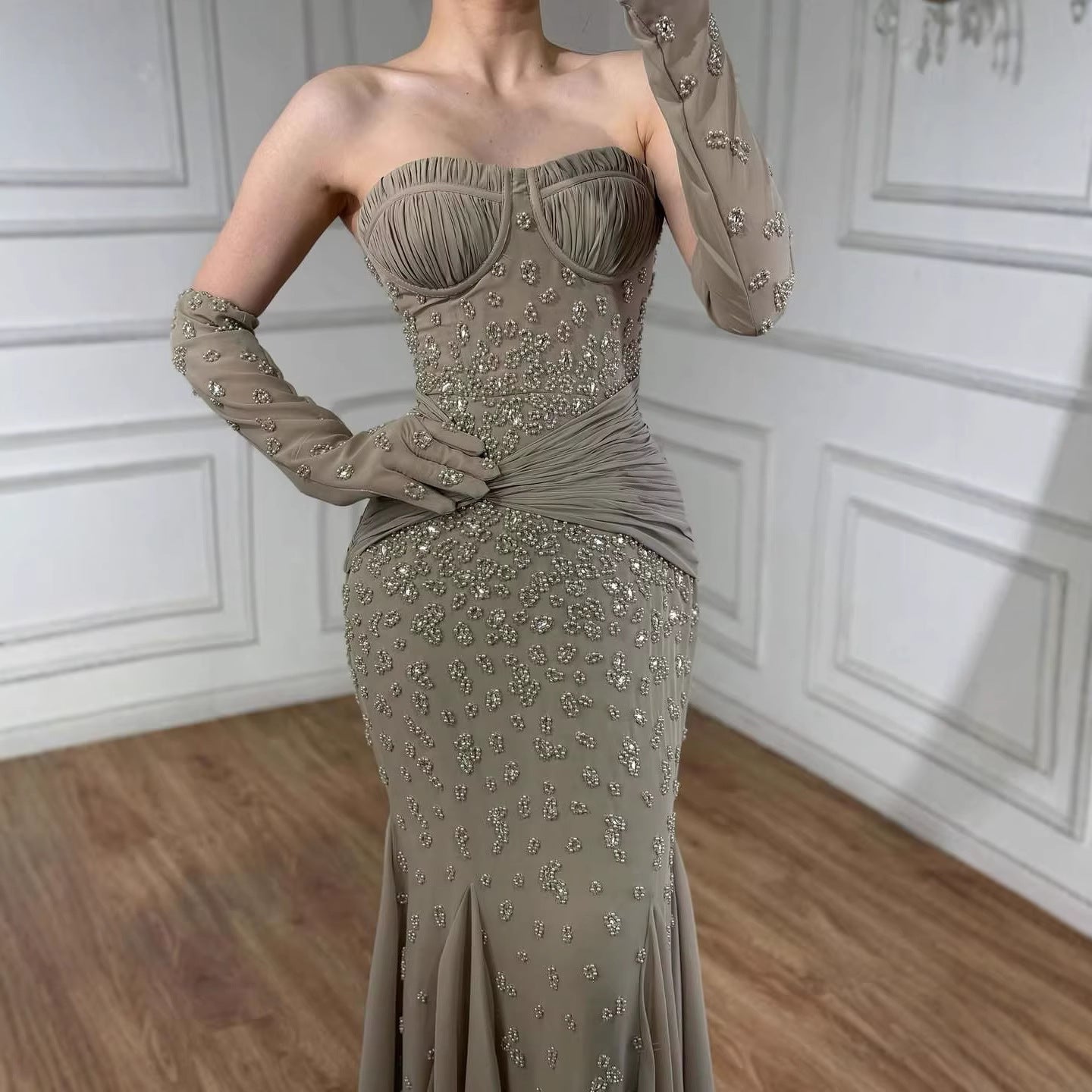 Luxury Turquoise   Beaded Mermaid Evening Dress with Gloves LA72933