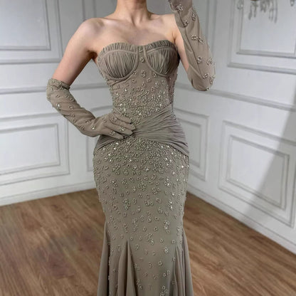 Luxury Turquoise   Beaded Mermaid Evening Dress with Gloves LA72933
