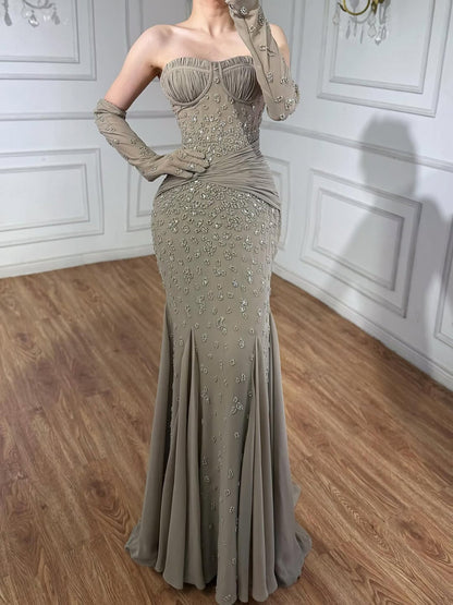 Luxury Turquoise   Beaded Mermaid Evening Dress with Gloves LA72933