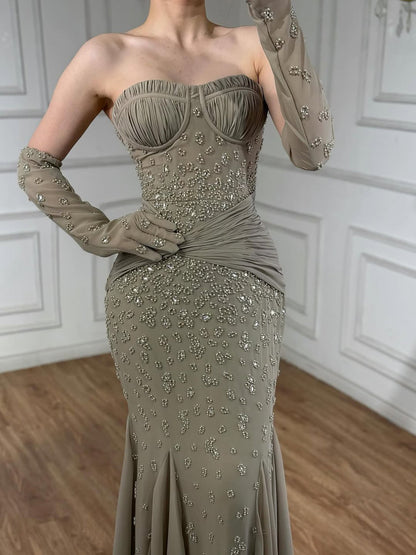 Luxury Turquoise   Beaded Mermaid Evening Dress with Gloves LA72933