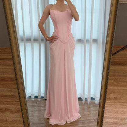 Luxury Pink Handmade Chiffon Mermaid Evening Gown LA72946