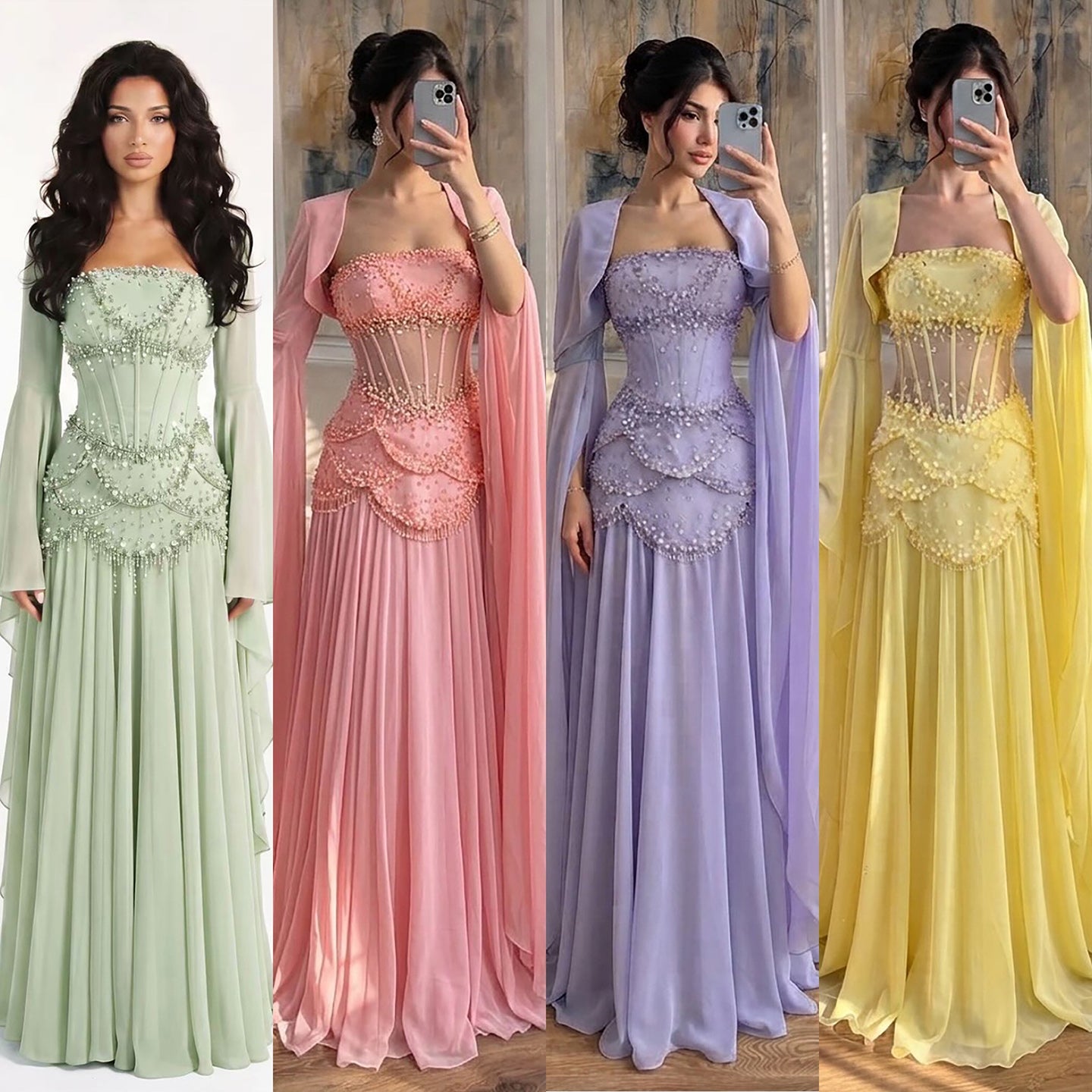 Luxury Pink Beaded A Line Dress with Chiffon Cape Sleeves LA72978B