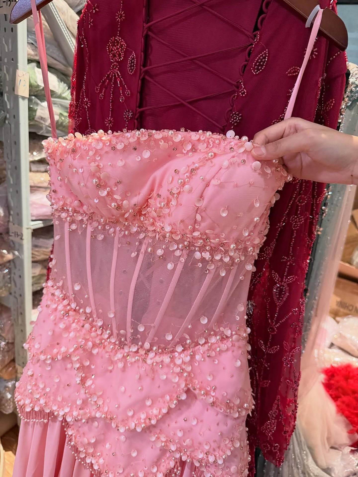 Luxury Pink Beaded A Line Dress with Chiffon Cape Sleeves LA72978B