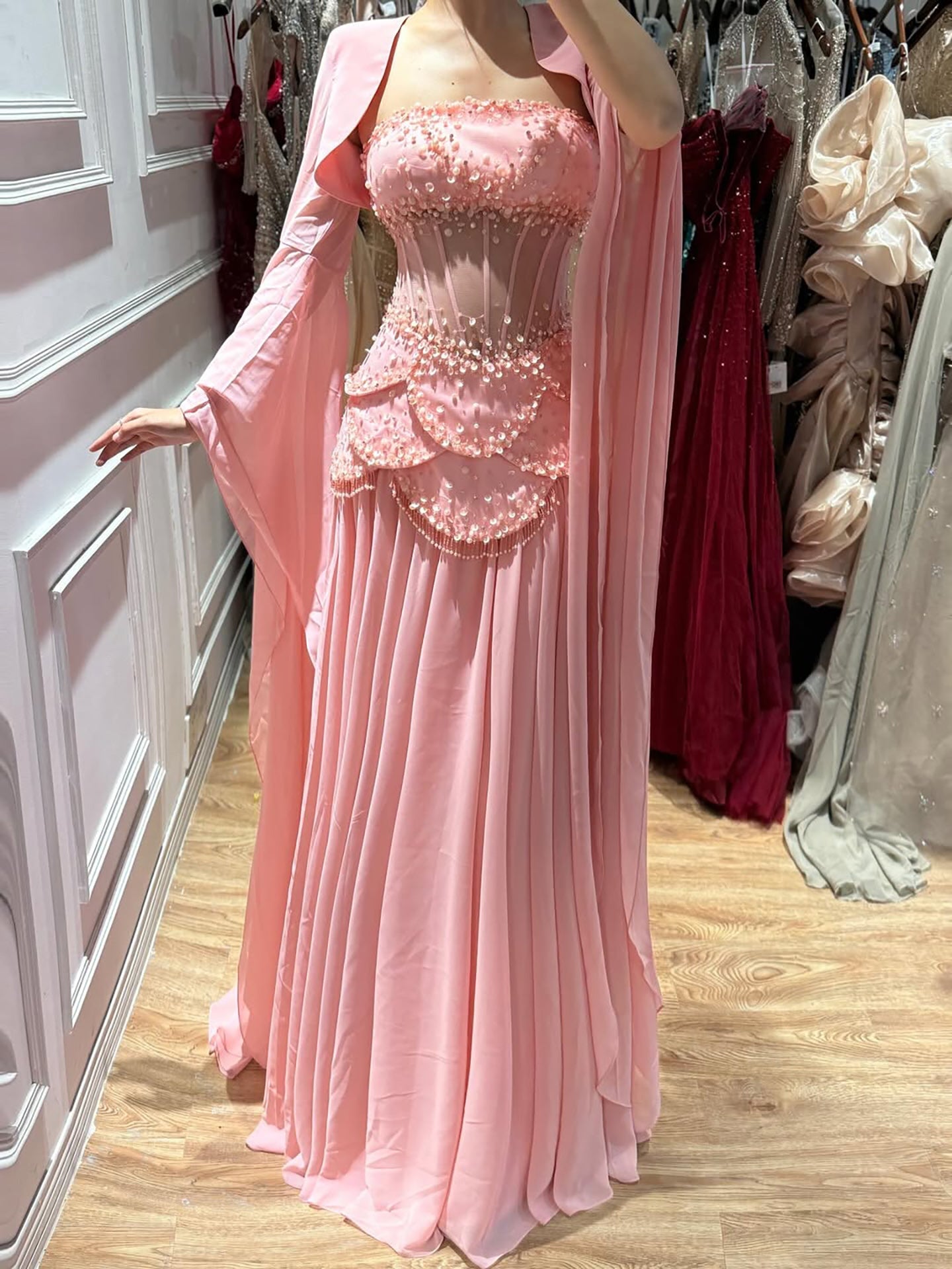 Luxury Pink Beaded A Line Dress with Chiffon Cape Sleeves LA72978B