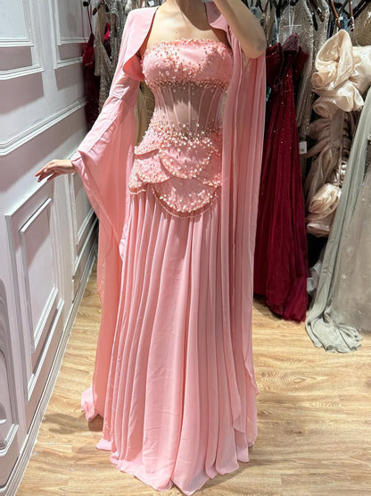 Luxury Pink Beaded A Line Dress with Chiffon Cape Sleeves LA72978B