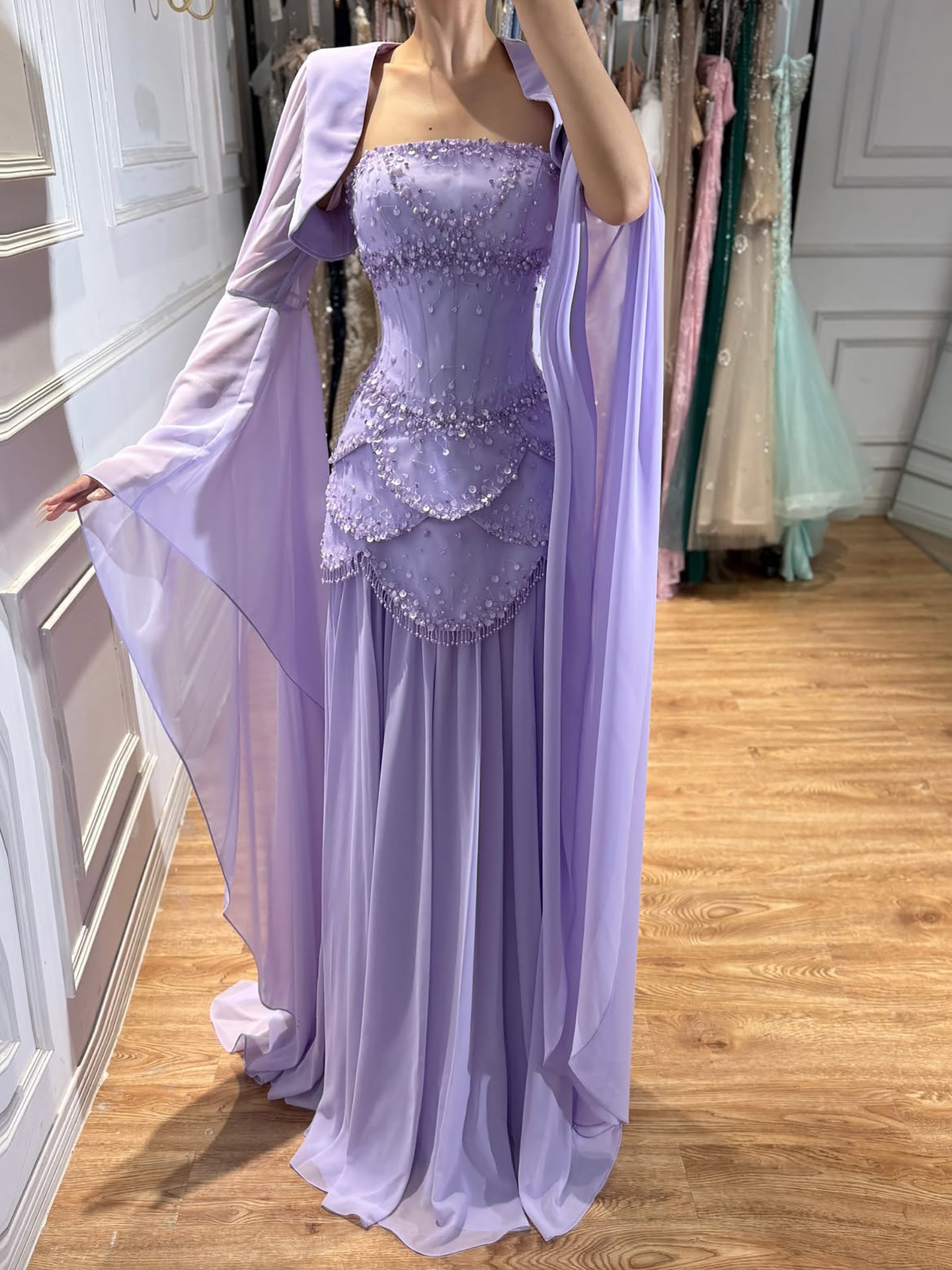 Luxury Pink Beaded A Line Dress with Chiffon Cape Sleeves LA72978B