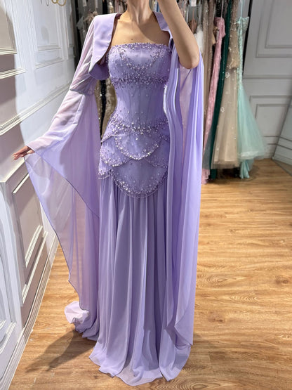 Luxury Pink Beaded A Line Dress with Chiffon Cape Sleeves LA72978B