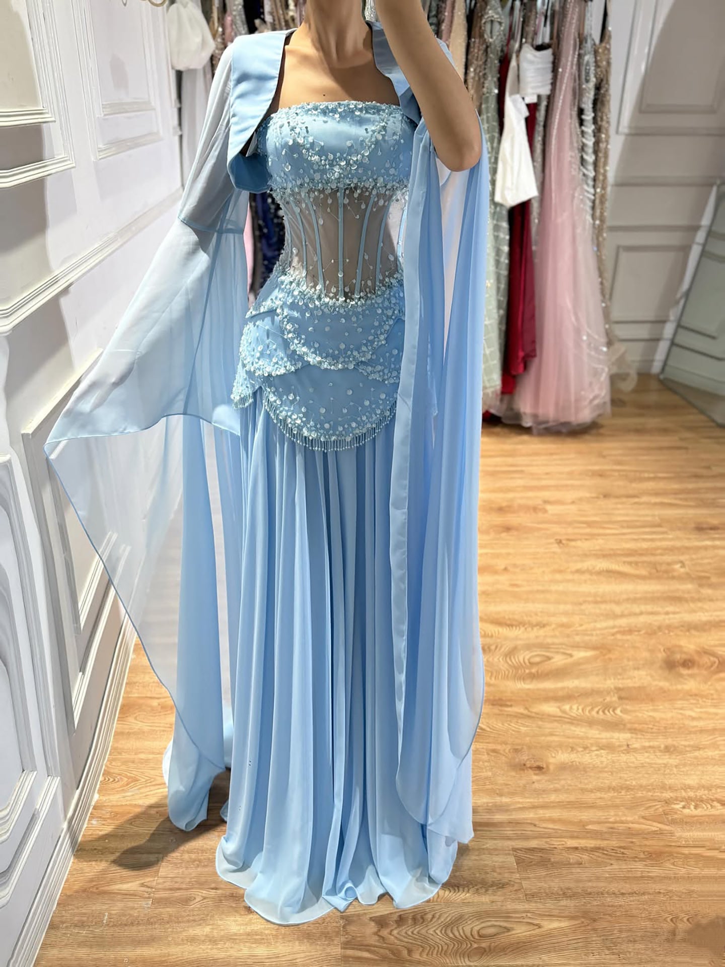 Luxury Pink Beaded A Line Dress with Chiffon Cape Sleeves LA72978B