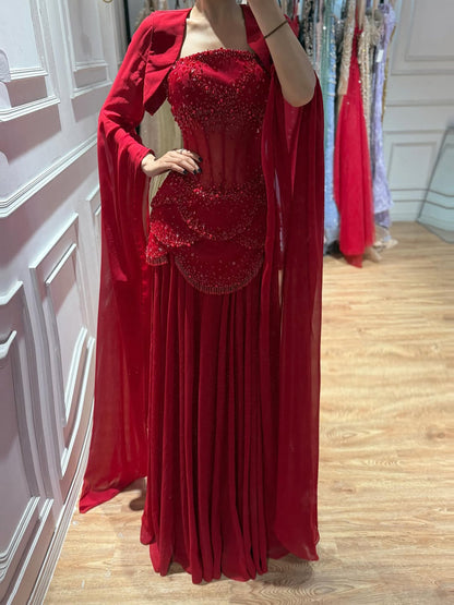 Luxury Pink Beaded A Line Dress with Chiffon Cape Sleeves LA72978B