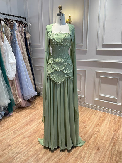 Luxury Pink Beaded A Line Dress with Chiffon Cape Sleeves LA72978B