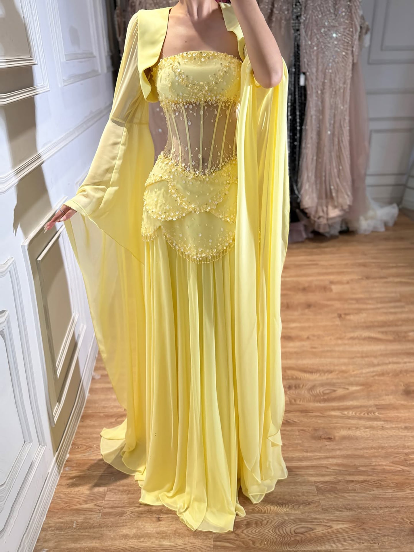 Luxury Pink Beaded A Line Dress with Chiffon Cape Sleeves LA72978B