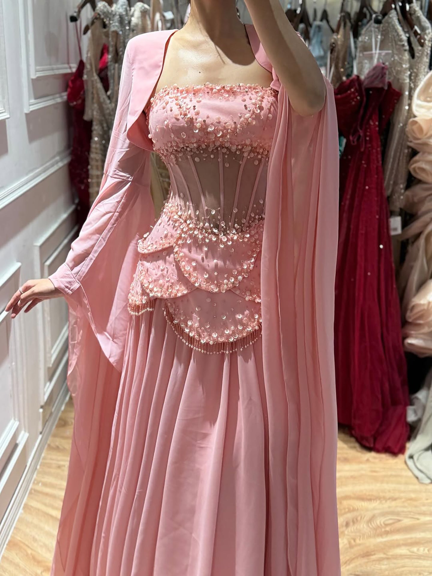Luxury Pink Beaded A Line Dress with Chiffon Cape Sleeves LA72978B