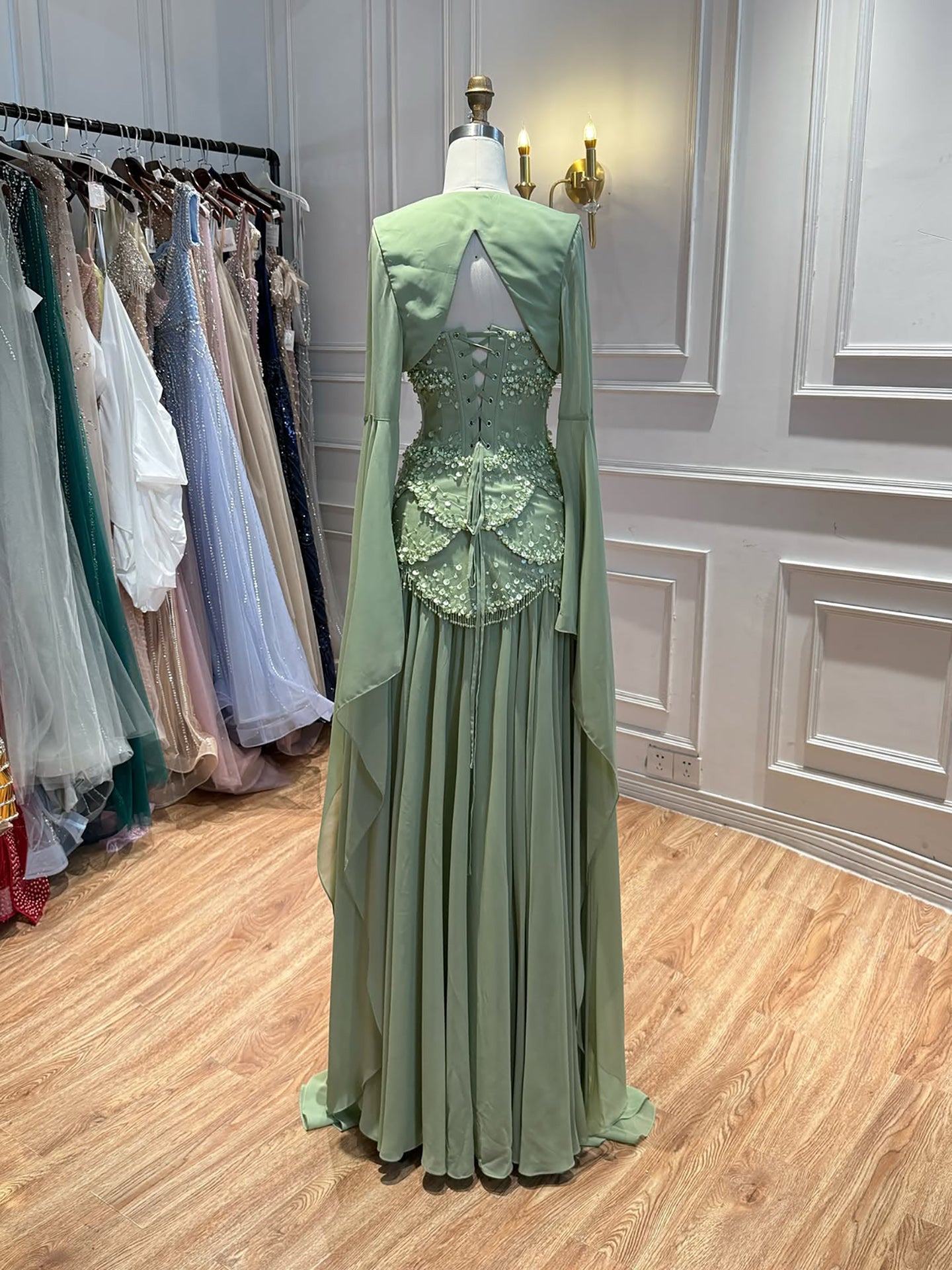 Luxury Pink Beaded A Line Dress with Chiffon Cape Sleeves LA72978B