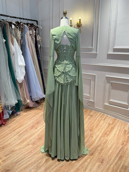 Luxury Pink Beaded A Line Dress with Chiffon Cape Sleeves LA72978B