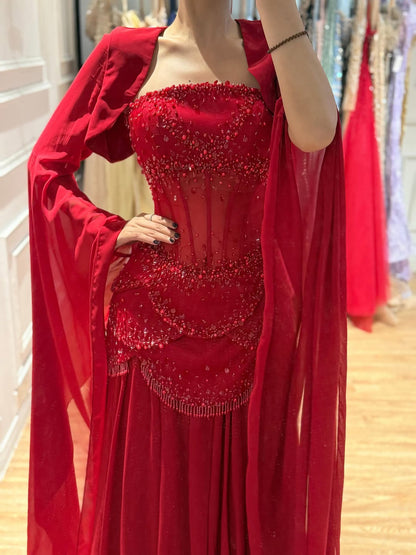 Luxury Pink Beaded A Line Dress with Chiffon Cape Sleeves LA72978B