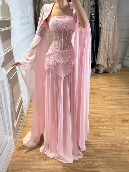 Luxury Pink Beaded A Line Dress with Chiffon Cape Sleeves LA72978B