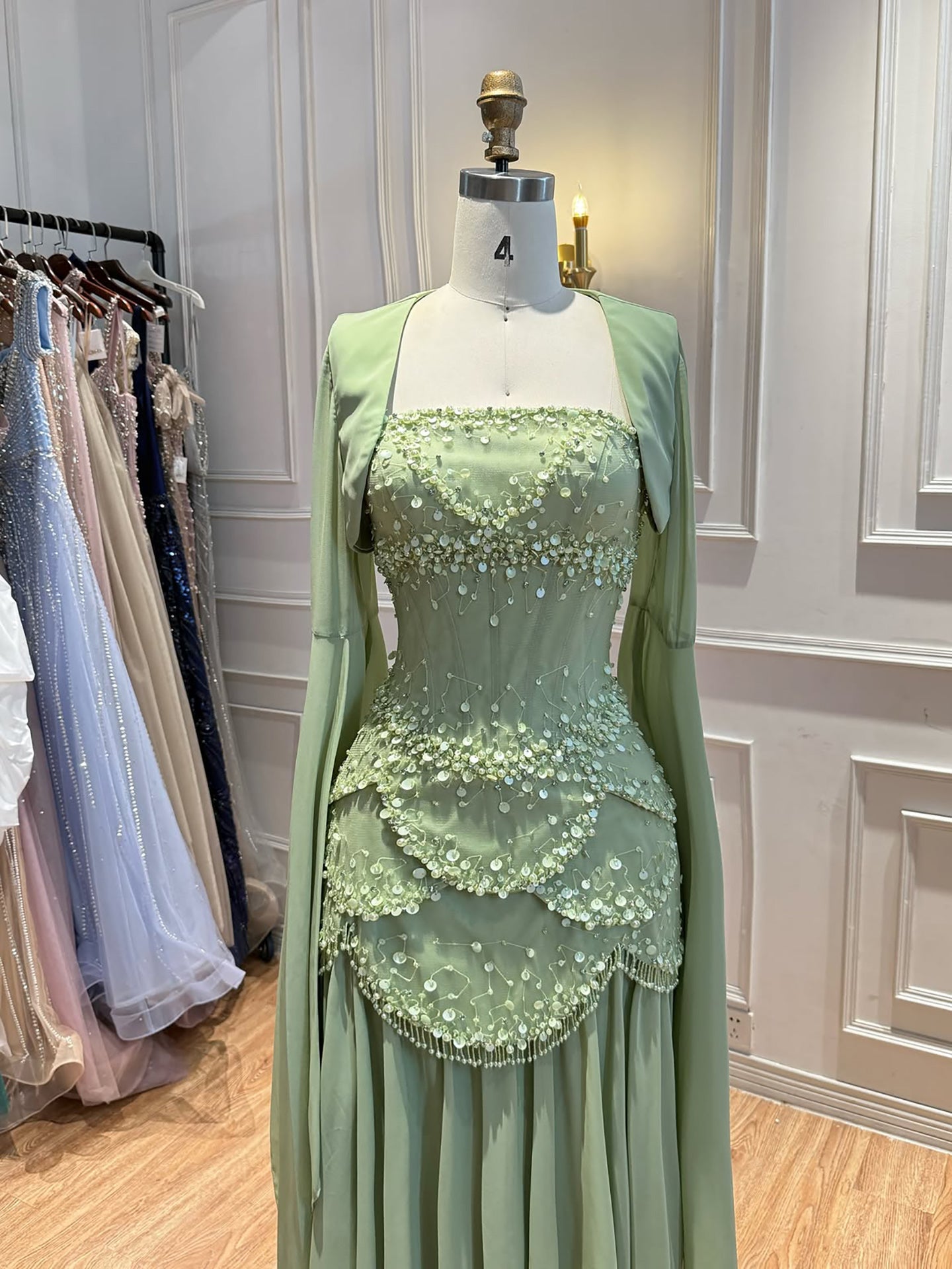 Luxury Pink Beaded A Line Dress with Chiffon Cape Sleeves LA72978B