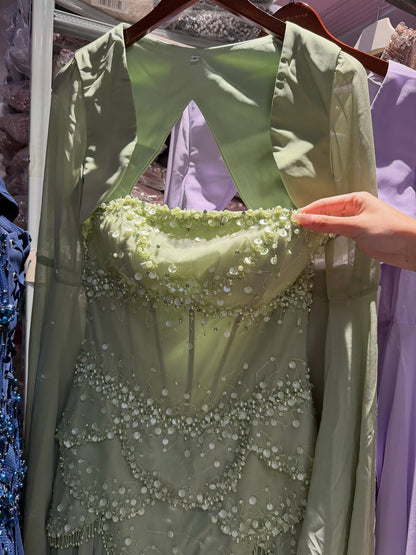Luxury Pink Beaded A Line Dress with Chiffon Cape Sleeves LA72978B
