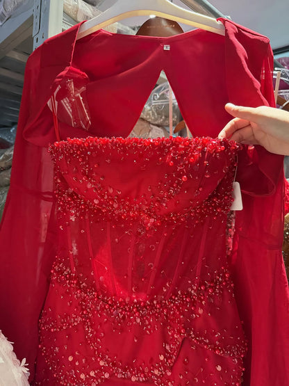 Luxury Pink Beaded A Line Dress with Chiffon Cape Sleeves LA72978B