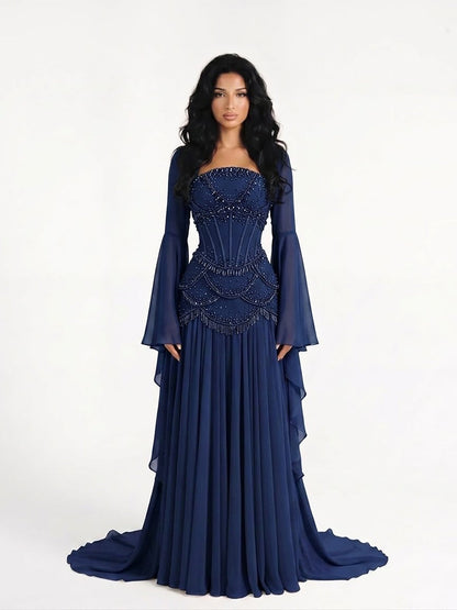 Luxury Pink Beaded A Line Dress with Chiffon Cape Sleeves LA72978B