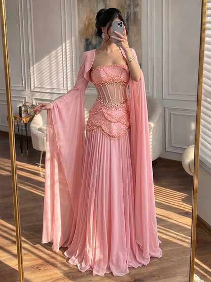 Luxury Pink Beaded A Line Dress with Chiffon Cape Sleeves LA72978B