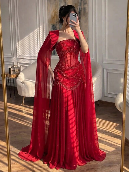 Luxury Pink Beaded A Line Dress with Chiffon Cape Sleeves LA72978B