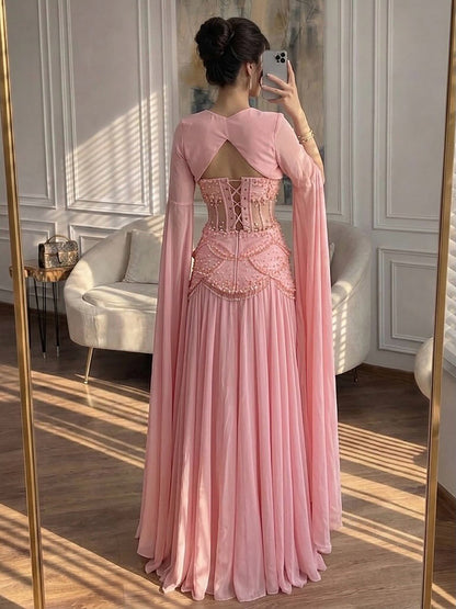Luxury Pink Beaded A Line Dress with Chiffon Cape Sleeves LA72978B