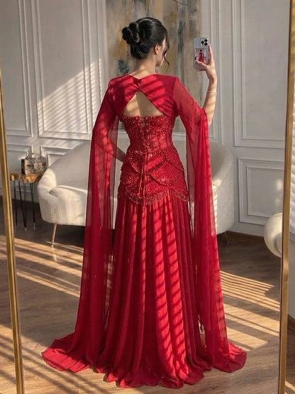 Luxury Pink Beaded A Line Dress with Chiffon Cape Sleeves LA72978B