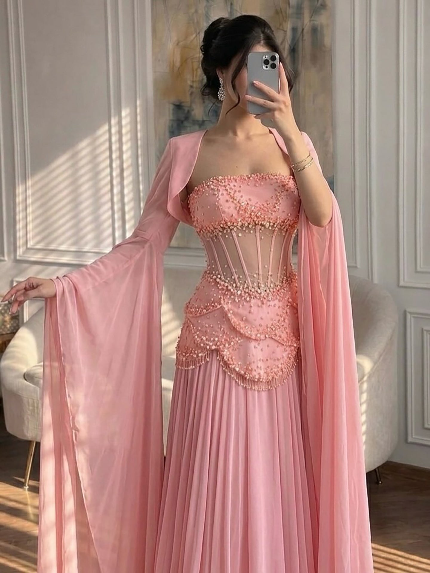 Luxury Pink Beaded A Line Dress with Chiffon Cape Sleeves LA72978B