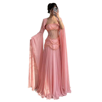 Luxury Pink Beaded A Line Dress with Chiffon Cape Sleeves LA72978B
