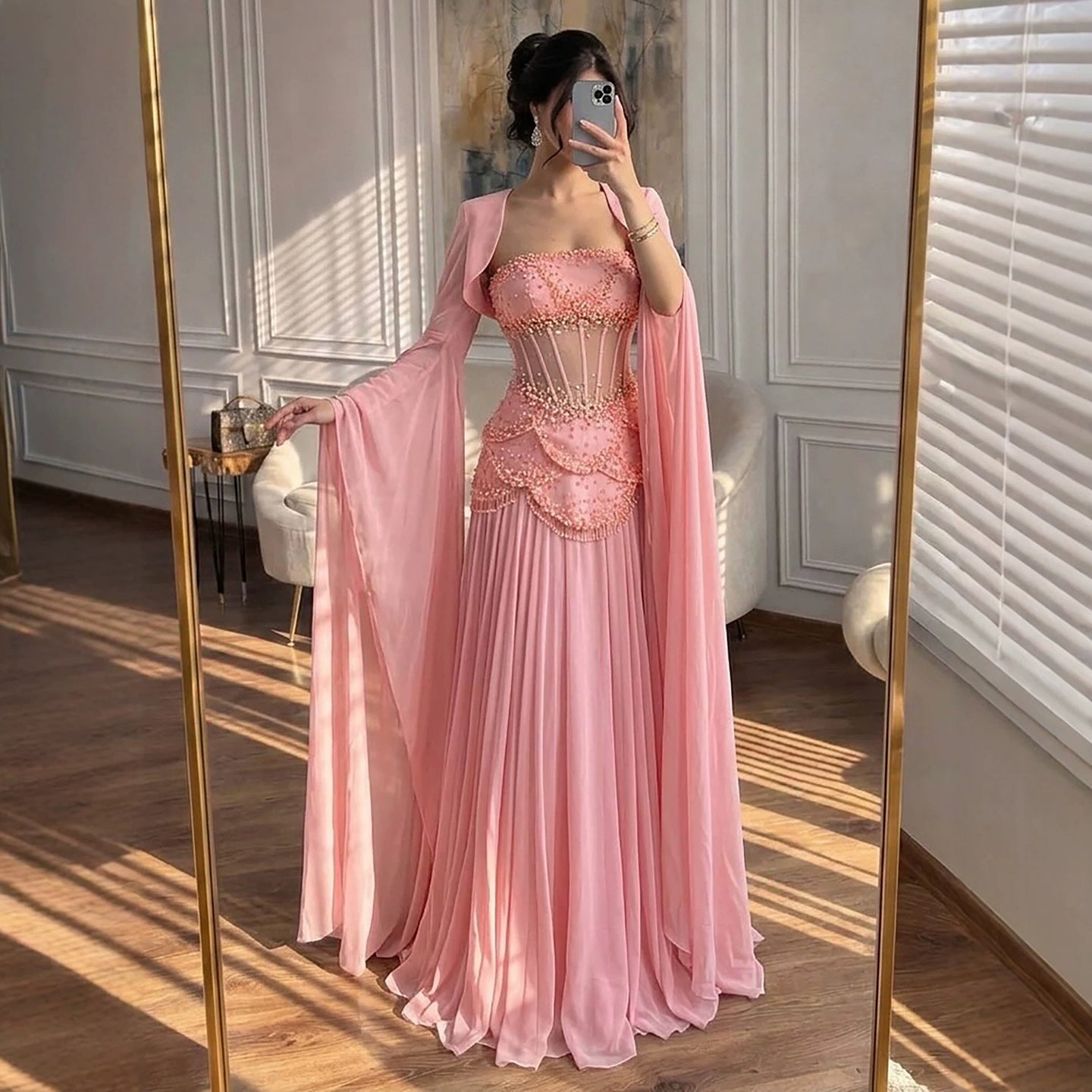 Luxury Pink Beaded A Line Dress with Chiffon Cape Sleeves LA72978B