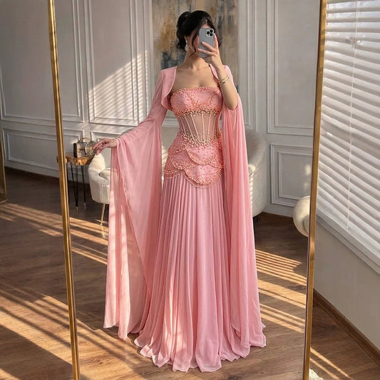 Luxury Pink Beaded A Line Dress with Chiffon Cape Sleeves LA72978B