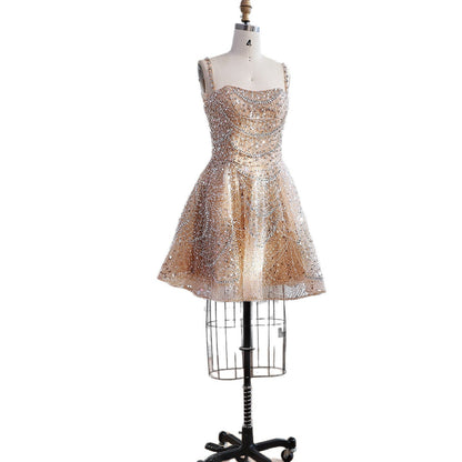 Luxury Nude Crystal A-Line Short Sparkly Cocktail Party Dress LA72983